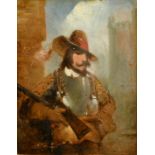 19th Century Continental School, a study of a cavalier holding a rifle, oil on tin, 4.25" x 3.25" (