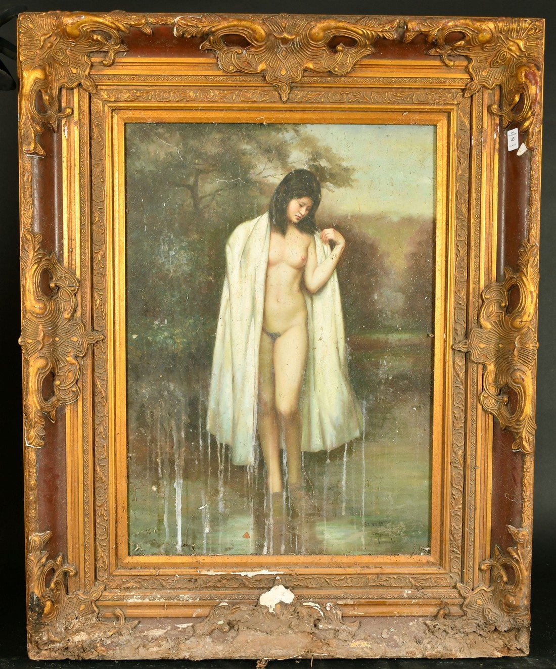 Jiang Song, 20th Century Chinese School, a study of a female nude standing in water, oil on - Image 2 of 4