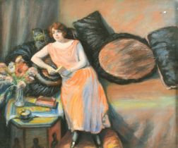 Circle of Enjolras, a female figure seated in an interior, pastel laid onto canvas, indistinctly