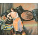 Circle of Enjolras, a female figure seated in an interior, pastel laid onto canvas, indistinctly