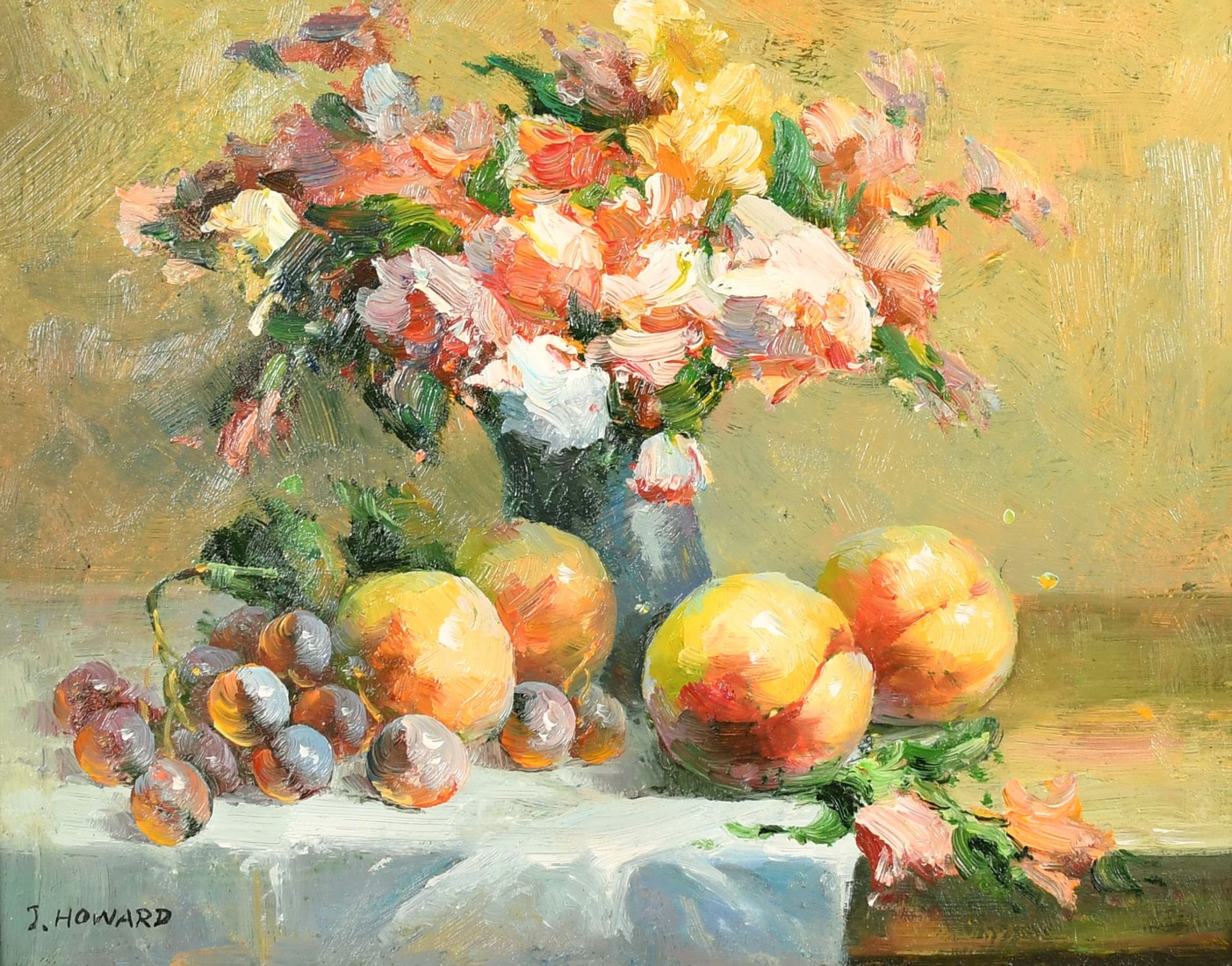 J. Howard (20th Century) A pair of still life paintings of mixed fruit and flowers in vases, oil