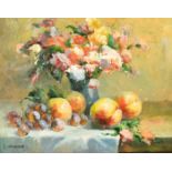 J. Howard (20th Century) A pair of still life paintings of mixed fruit and flowers in vases, oil