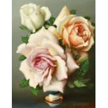 Irene Klestova (1909-1989), a still life of white and pink roses with dew drops, oil on board,