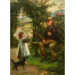 Attributed to Frank Coleman (late 19th Century), a young girl showing an elderly wayfarer a