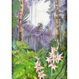 Biruta Markuza, 'Flowers in the Rain Forest', oil on board, signed, label verso, 27" x 19", (68.