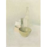 Modern British School, a still life of bottle and bowls, oil on canvas, 18" x 14", (46x35.5cm).