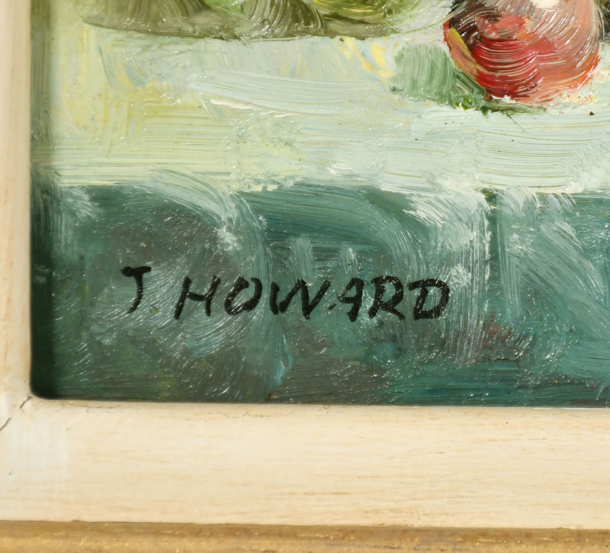 J. Howard (20th Century) A pair of still life paintings of mixed fruit and flowers in vases, oil - Image 5 of 6