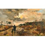 M. Odell, 20th Century, a shepherd and flock on a country path at dusk, oil on board, 9.75" x 15.75"