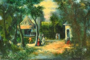 R.J. Bizet, 20th Century French School, figures around a carousel, oil on canvas, signed, 21.25" x