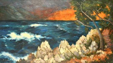 Bernard, 20th Century French School, waves breaking over rocks at dusk, oil on canvas, signed, 27.5"