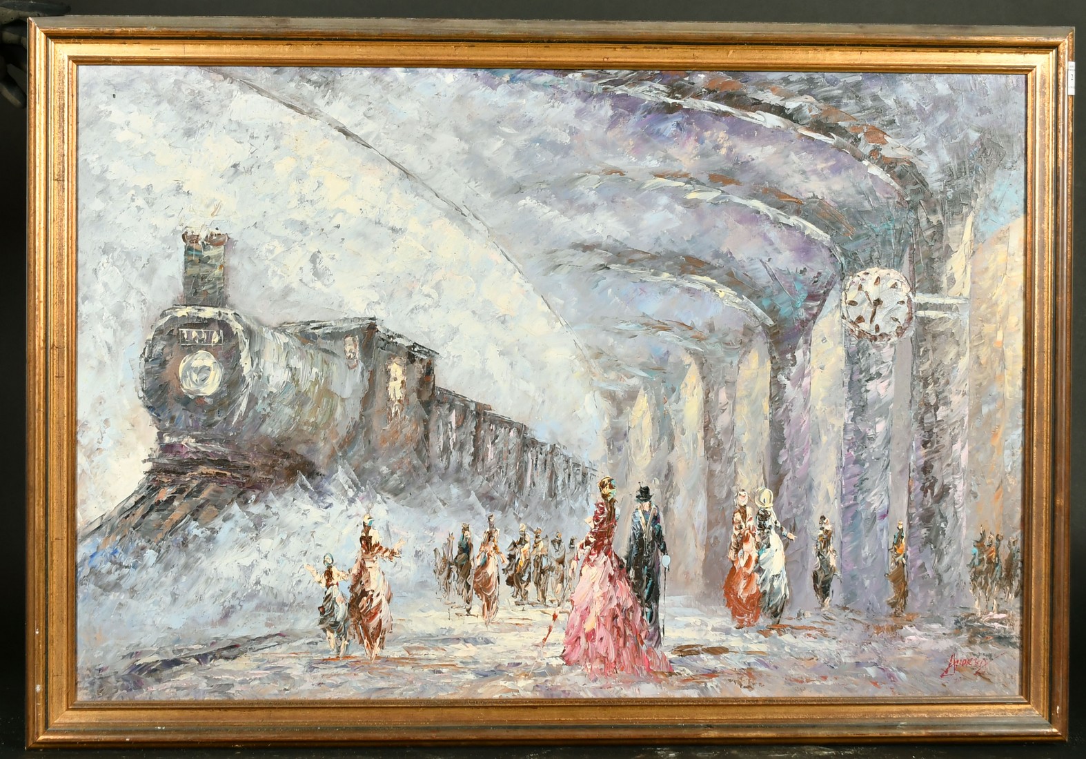 Andre, 20th Century French School, figures in a station, oil on canvas, signed, 23.5" x 35.5" (60 - Image 2 of 4