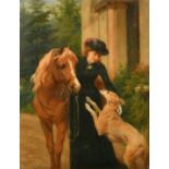 George Augustus Holmes (1822-1911) British, a female figure with her pony and dog beside a country