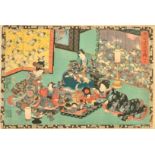 Kunisada, Two 19th Century Japanese woodblocks, figures in leisurely pursuits, various seals and