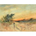 Henry Woods, A woman on a country track at sunset, watercolour, signed, 10" x 14.5", (25.5x37cm).