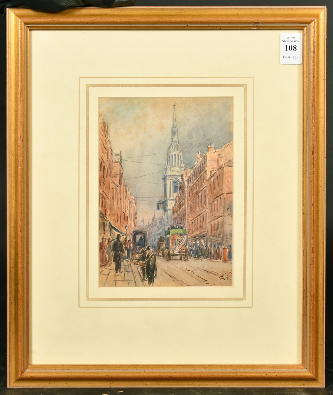 A.R. Collis, circa 1895, figures and a church on a busy London street, watercolour, signed with - Image 2 of 4