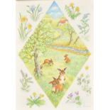 Ella Bruce (20th Century) A group of rabbits in Springtime and wildflowers, watercolour, signed in