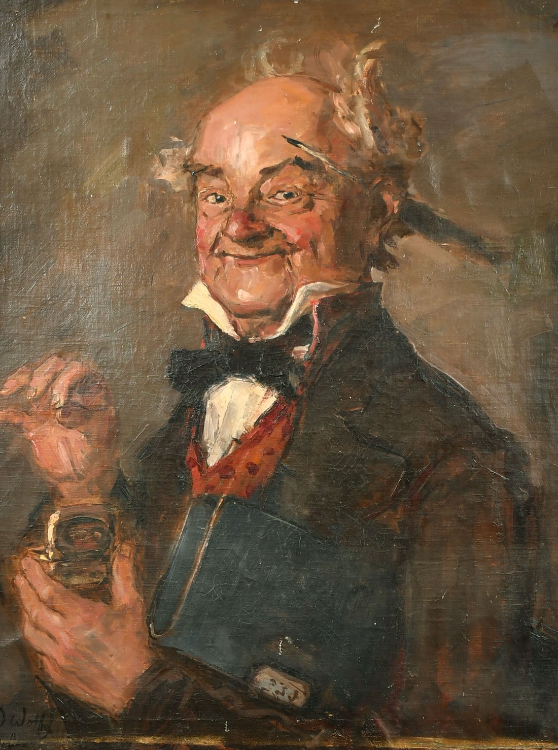 19th Century portrait of an old man with a quill behind his ear and holding an open snuff box, oil