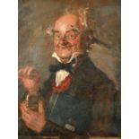 19th Century portrait of an old man with a quill behind his ear and holding an open snuff box, oil