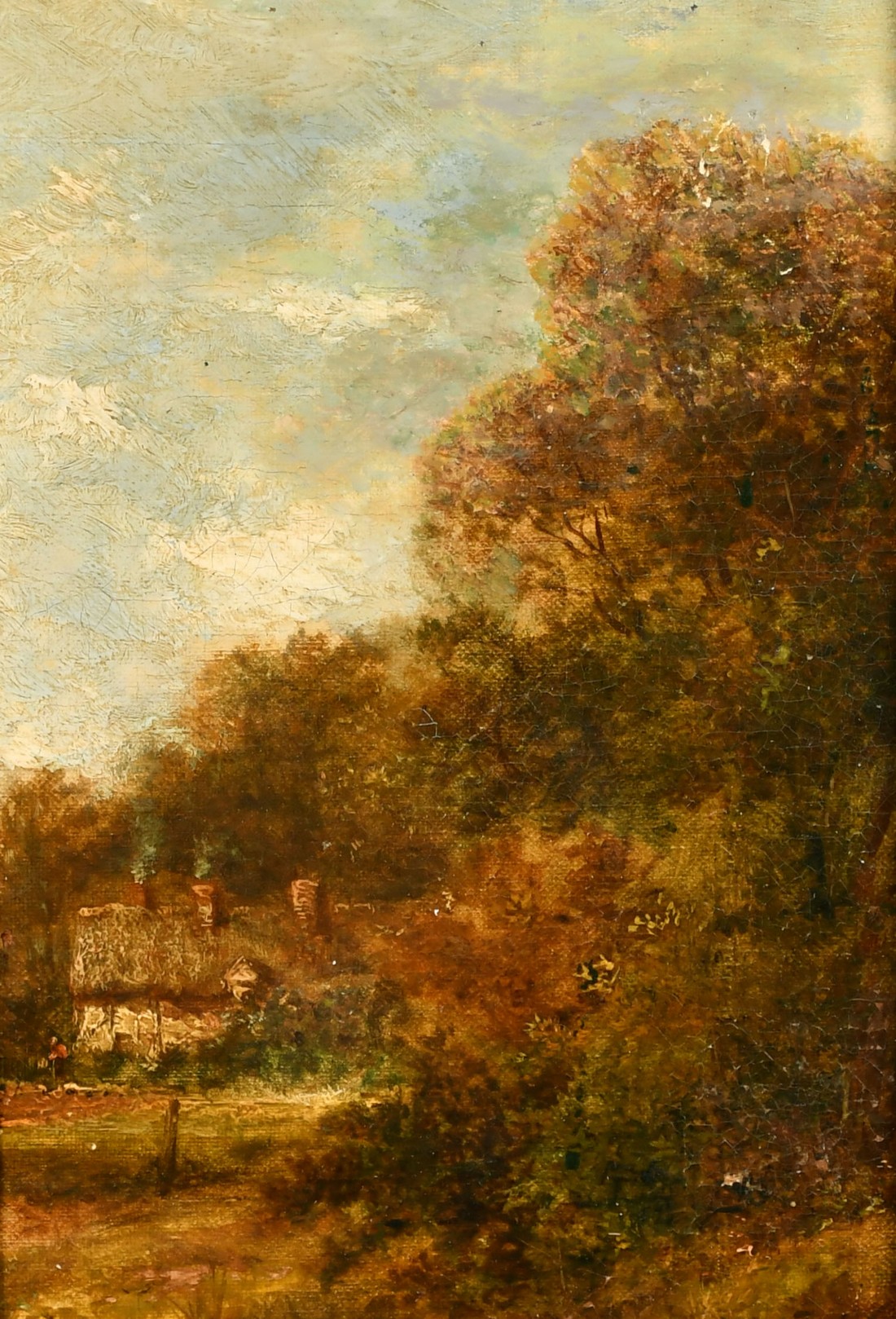 Circle of John Constable, Cottage at the edge of wood, oil on canvas laid on board, label verso, 10"