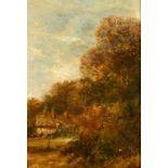 Circle of John Constable, Cottage at the edge of wood, oil on canvas laid on board, label verso, 10"