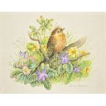 Ella Bruce (20th Century) A fledgling on a branch, watercolour, signed in pencil, 6.75" x 8.75", (