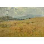 Joshua Anderson Hague (1850-1916) British, worker in a field with hill views beyond, oil on