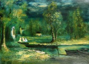 R.J. Bizet, 20th Century French School, 'Paysage Romantique', oil on canvas, signed, 23.5" x 32" (60
