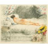 Antoine Calbet, A nude lady lying on top of a bed, coloured engraving, signed in pencil, 10.75" x