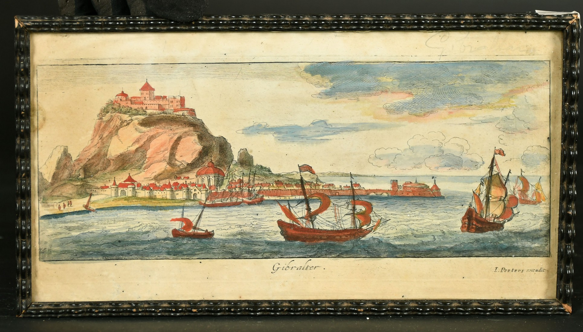 Jan Peeters, 'Gibraltar', a hand-coloured copper engraving, probably late 17th Century, 5" x 10. - Image 2 of 4