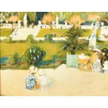 French School, circa 1900, figures gathered in a formal park, oil on carton, indistinctly signed, 8"