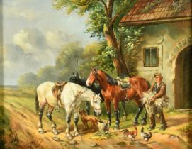 20th Century, feeding the horses, oil on panel, 8" x 10" (20 x 25cm).