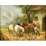 20th Century, feeding the horses, oil on panel, 8" x 10" (20 x 25cm).