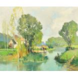 Georges Robin (1903-2003) French, 'Sur le Thouaret', figures by a river, oil on canvas, signed,