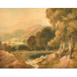 Circle of John Varley, A group of figures resting by a lake with mountains in the distance,