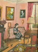 20th Century French School, female figure in a colourful interior, oil on board, 26.5" x 21.25" (