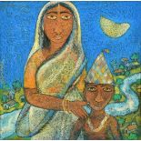 Indian School (20th Century), a mother and child in a moonlit river landscape, pastel,