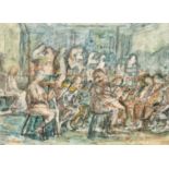 Helen Grunwald (1925-1988), figures and singers in an orchestra, mixed media on board, 9" x 12" (