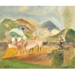 Gerin, 20th Century, A farmer and oxen ploughing a field in a stylised landscape, oil on canvas, 18"