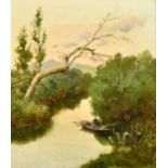 Da la Rosa (late 19th Century) A man seated in a punt on a quiet stream, oil on canvas, signed, 10.