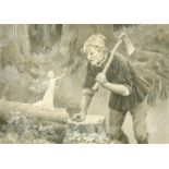 Percy Tarrant (1855-1934), 'The Three Wishes', a woodsman with a fairy, oil on board, 4.25" x 5.