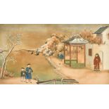 19th Century Chinese Export School, a pair of watercolour scenes of figures by the water's edge, one