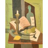 Mid-20th Century, a cubist style still life study of items on a tabletop, oil on canvas, 18" x