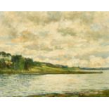 John Falconar Slater (1857-1937) An extensive river landscape with a cloudy sky, oil on board,