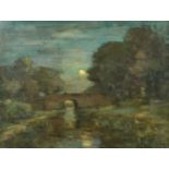 Early 20th Century, a figure on a bridge under moonlight, oil on canvas, 17" x 22" (43 x 56cm).