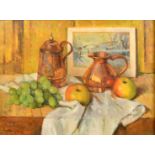 Mary Remington (1910-2003) British, 'Apples and Grapes on the Table', oil on board, signed, 15.5"