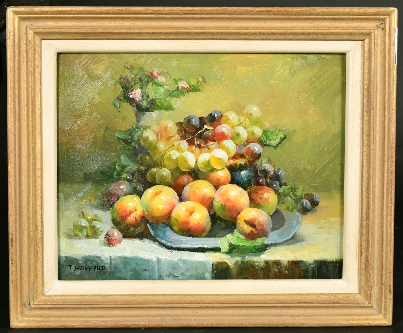 J. Howard (20th Century) A pair of still life paintings of mixed fruit and flowers in vases, oil - Image 4 of 6