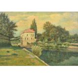 Mid-20th Century French School, a building on a river, oil on board, indistinctly signed, 15" x 21.