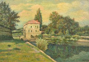 Mid-20th Century French School, a building on a river, oil on board, indistinctly signed, 15" x 21.