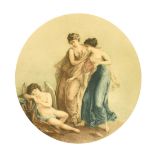 After Kauffman, a circular print of classical figures, 11.5" (29cm) diameter, along with another