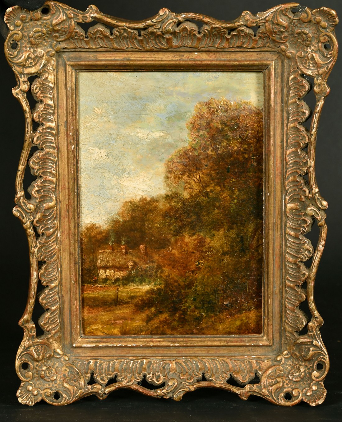 Circle of John Constable, Cottage at the edge of wood, oil on canvas laid on board, label verso, 10" - Image 2 of 3